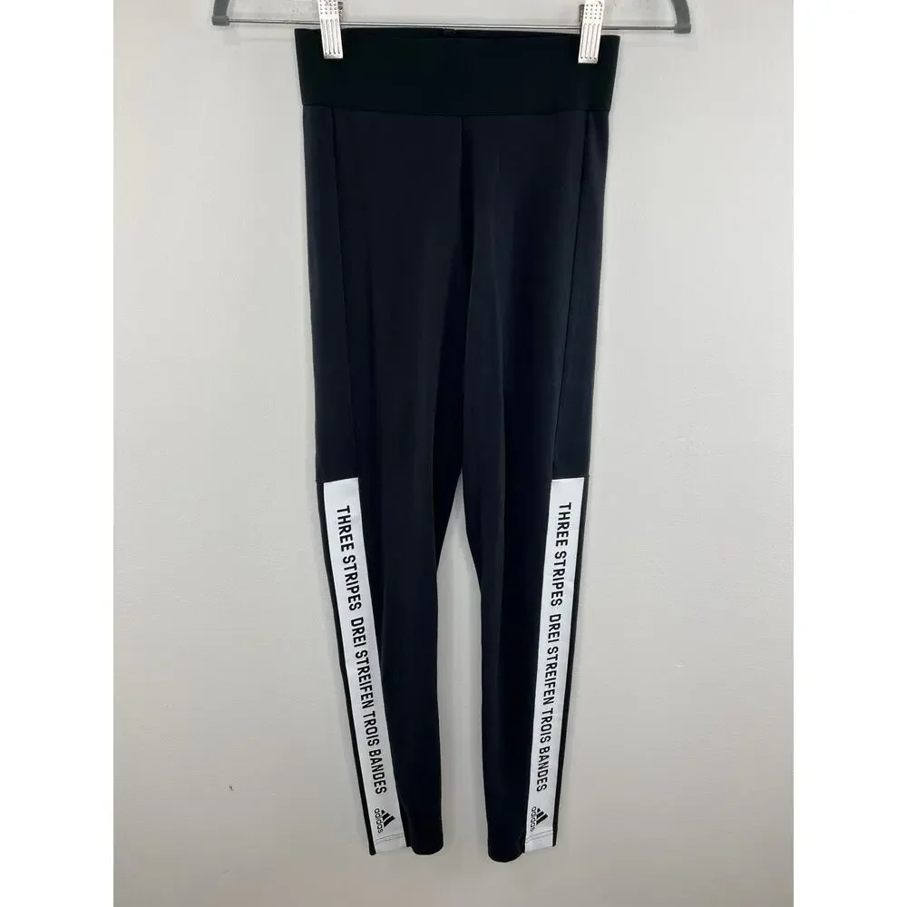Adidas Black Training Brand With Three Stripes Spell Out Slogan Leggings Size XS